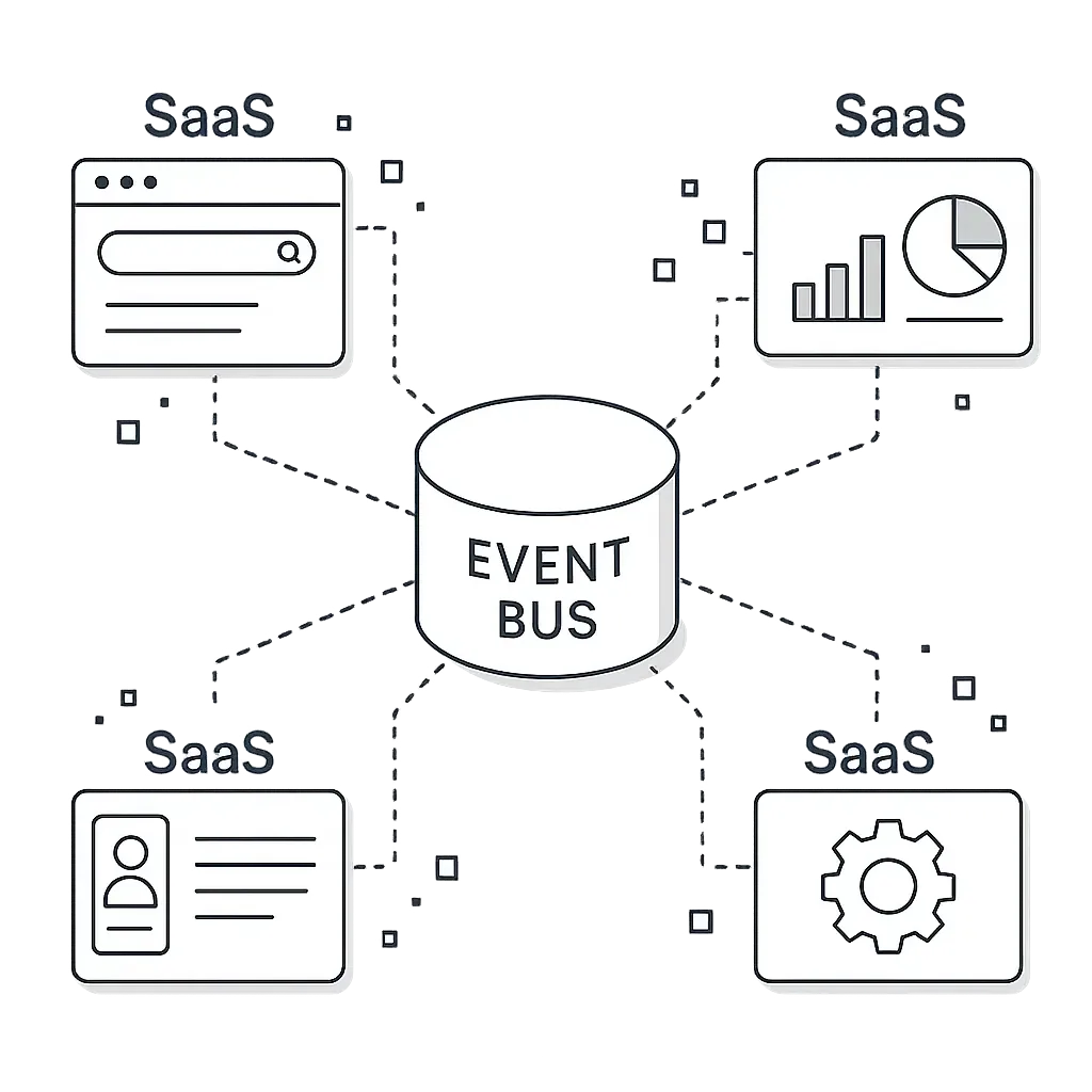 Isometric illustration of a central event bus coordinating multiple SaaS platforms to represent reliable API integrations.