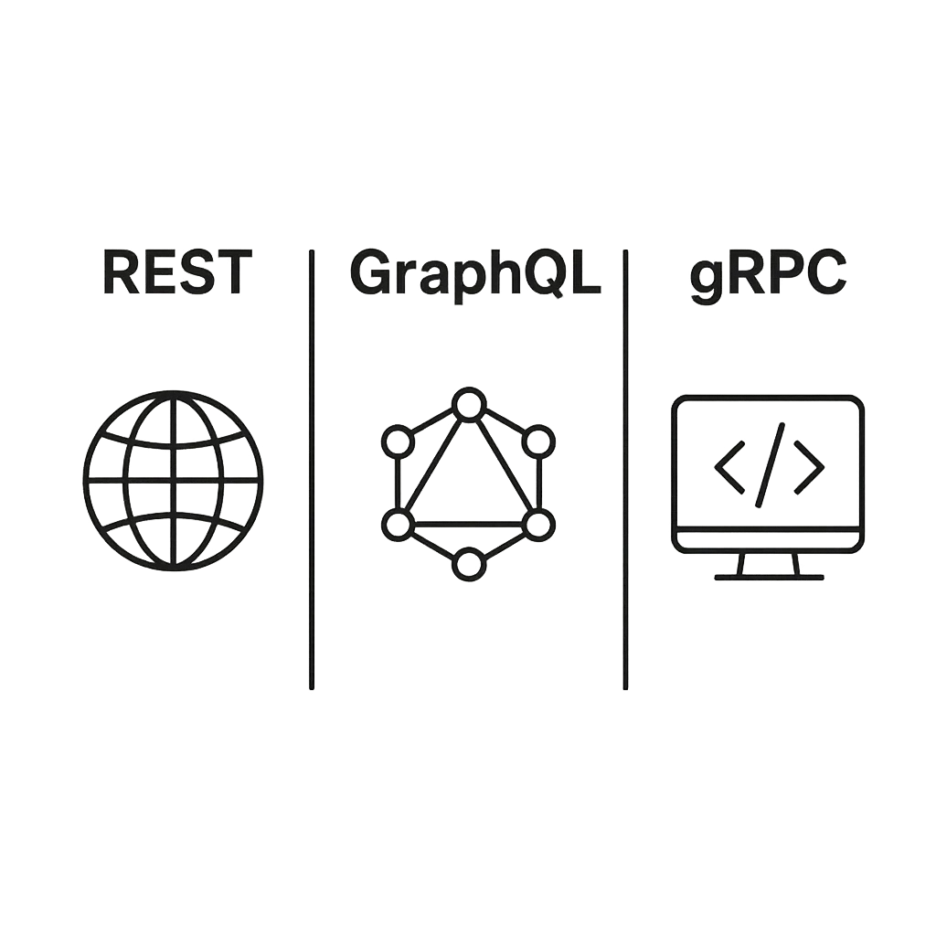 Three-column comparison graphic contrasting REST, GraphQL, and gRPC capabilities on a minimalist white background.