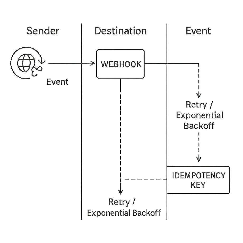 Swimlane diagram illustrating webhook retries with idempotency keys and DLQ handling across sender and receiver lanes.